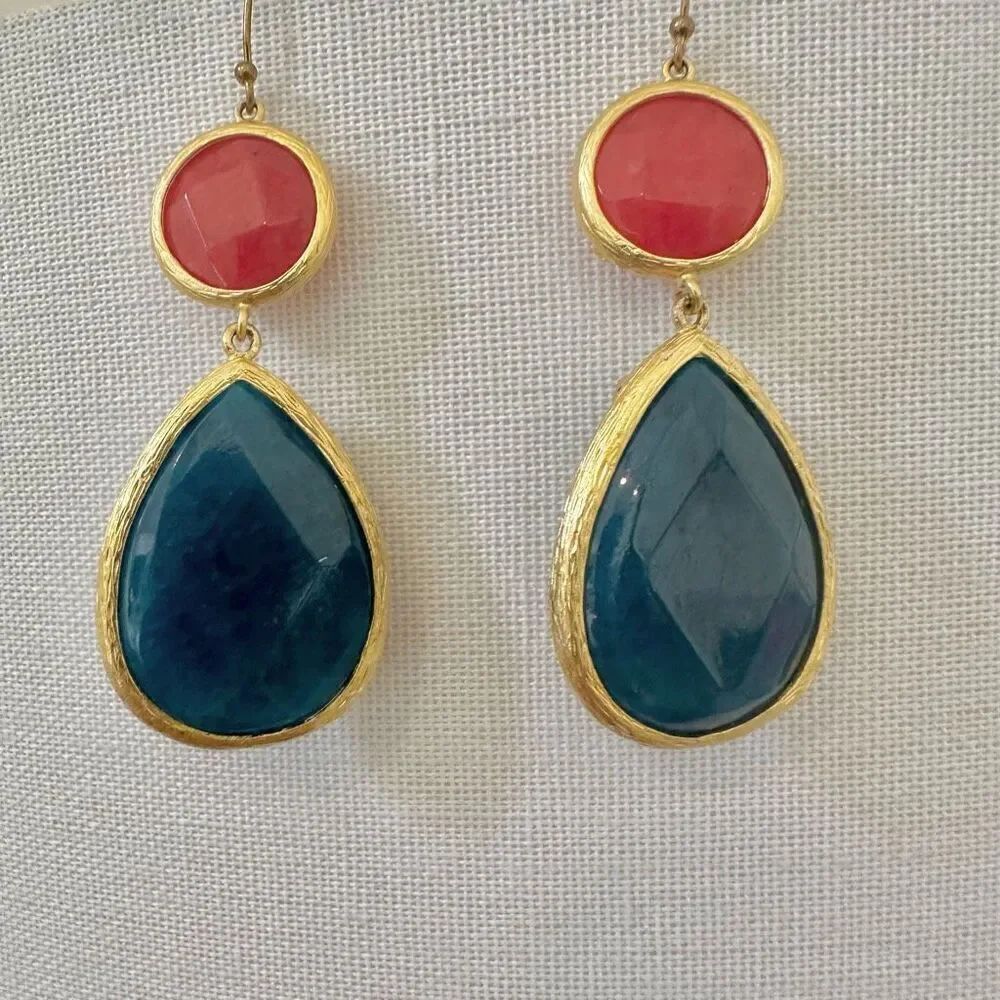 Kay Jewelers Collection pink  and blue Gold tone teardrop statement earrings